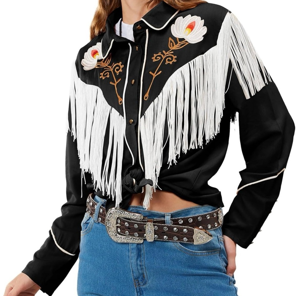 John Moon Women’s Black Western Rodeo Cowgirl Fringe Shirt w/ Floral Embroidery